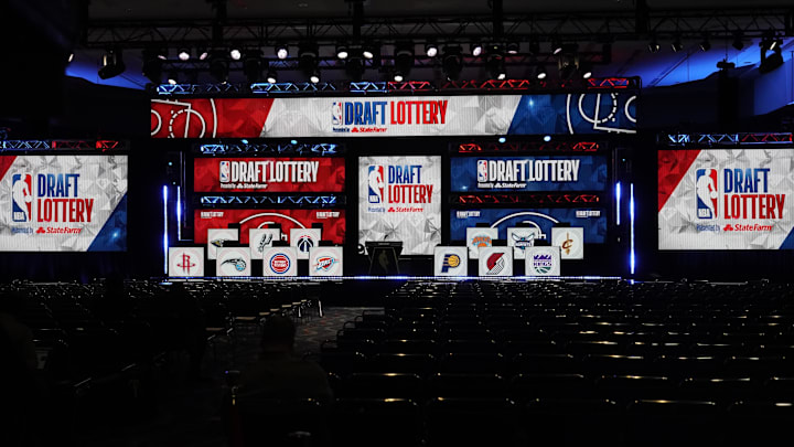 May 17, 2022; Chicago, IL, USA; A general view of the stage before the 2022 NBA Draft Lottery at McCormick Place. Mandatory Credit: David Banks-Imagn Images