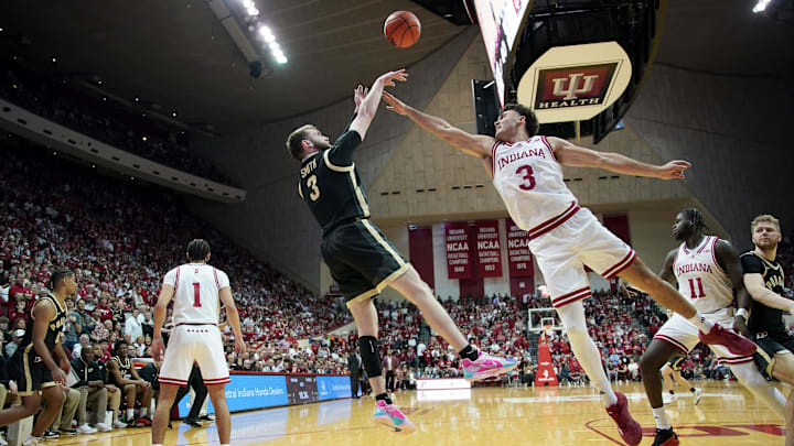 Purdue Boilermakers guard Braden Smith (3) attempts a shot over Indiana Hoosiers guard Anthony Leal (3) 
