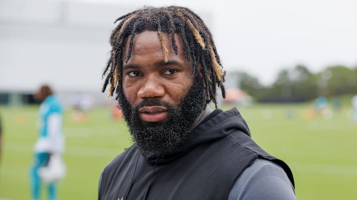 Jun 6, 2023; Miami Gardens, FL, USA; Miami Dolphins cornerback Xavien Howard (25) looks on while talking to reporters during mandatory minicamp at the Baptist Health Training Complex. Mandatory Credit: Sam Navarro-Imagn Images
