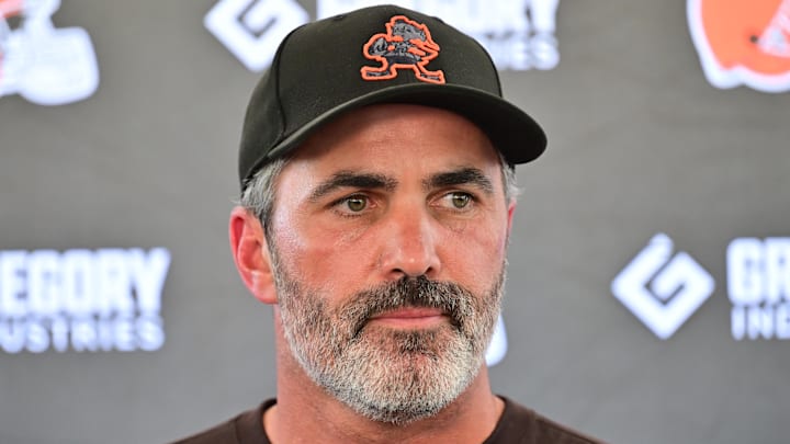 Jul 23, 2025; Berea, OH, USA; Cleveland Browns head coach Kevin Stefanski talks to the media during training camp at CrossCountry Mortgage Campus. Mandatory Credit: Ken Blaze-Imagn Images