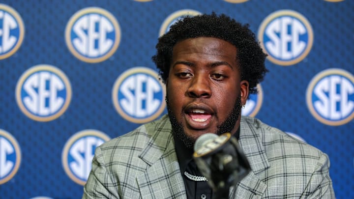 Texas A&M Aggies offensive lineman Ar’maj Reed-Adams answers questions from the media during the SEC Media Days at Omni Atlanta Hotel.