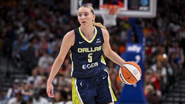 Aug 1, 2025; Dallas, Texas, USA; Dallas Wings guard Paige Bueckers (5) in action during the game between the Dallas Wings and the Indiana Fever at the American Airlines Center. Mandatory Credit: Jerome Miron-Imagn Images