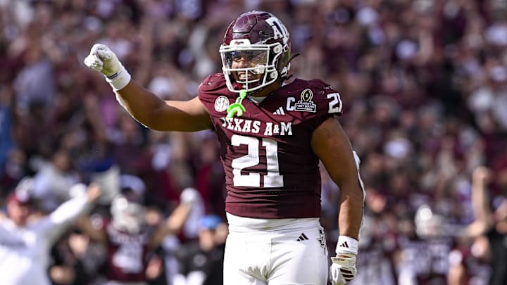Dec 20, 2025; College Station, TX, USA; Texas A&M Aggies linebacker Taurean York (21) celebrates during the game between the Aggies and the Hurricanes at Kyle Field. Mandatory Credit: Jerome Miron-Imagn Images Dec 20, 2025; College Station, TX, USA; Texas A&M Aggies linebacker Taurean York (21) celebrates during the game between the Aggies and the Hurricanes at Kyle Field. Mandatory Credit: Jerome Miron-Imagn Images