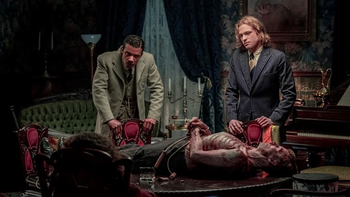 Sam Reid as Lestat De Lioncourt, Jacob Anderson as Louis De Point Du Lac and Bailey Bass as Claudia - Interview with the Vampire _ Season 1, Episode 5 - Photo Credit: Alfonso Bresciani/AMC