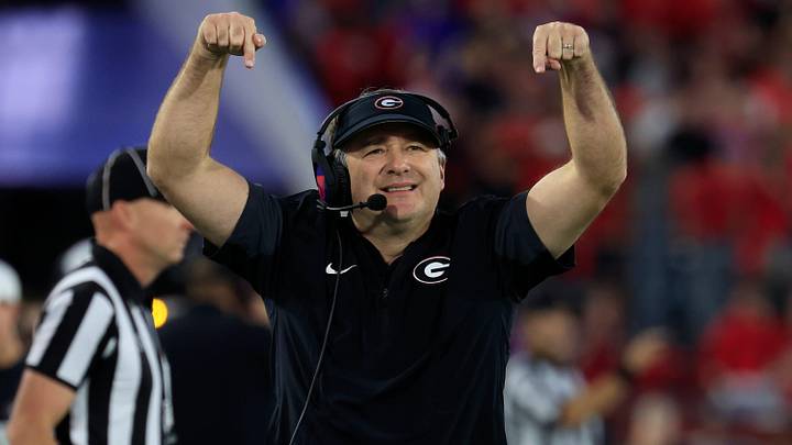 Georgia Bulldogs head coach Kirby Smart tells the students section to sit down during the fourth quarter of an NCAA football game, Saturday, Nov. 1, 2025, at EverBank Stadium in Jacksonville, Fla. Georgia held off Florida 24-20. [Corey Perrine/Florida Times-Union]