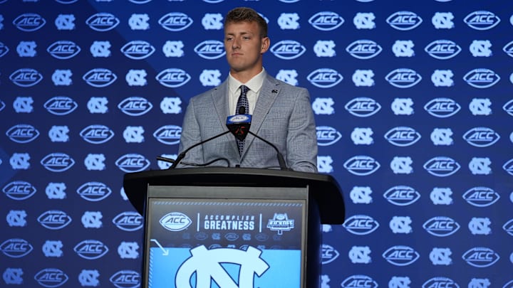 Jul 25, 2024; Charlotte, NC, USA;  UNC Tar Heels quarterback Max Johnson speaks to the media during the ACC Kickoff at Hilton Charlotte Uptown. Mandatory Credit: Jim Dedmon-USA TODAY Sports