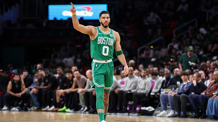 Mar 17, 2024; Washington, District of Columbia, USA; Boston Celtics forward Jayson Tatum (0) reacts