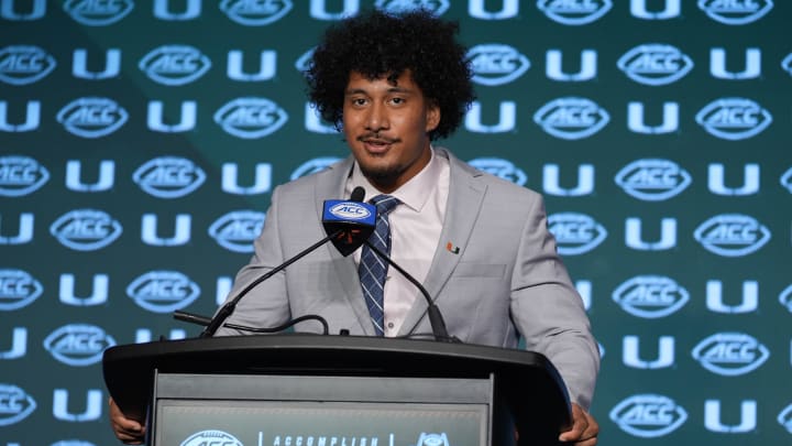 Jul 24, 2024; Charlotte, NC, USA; Miami Hurricanes linebacker Francisco Mauigoa speaks to the media during the ACC Kickoff at Hilton Charlotte Uptown. Mandatory Credit: Jim Dedmon-USA TODAY Sports Jul 24, 2024; Charlotte, NC, USA; Miami Hurricanes linebacker Francisco Mauigoa speaks to the media during the ACC Kickoff at Hilton Charlotte Uptown. Mandatory Credit: Jim Dedmon-USA TODAY Sports