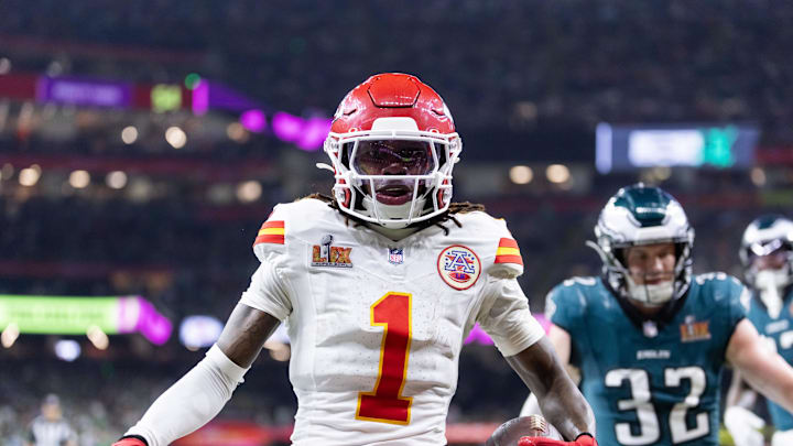 Feb 9, 2025; New Orleans, LA, USA;  Kansas City Chiefs wide receiver Xavier Worthy (1) against the Philadelphia Eagles in Super Bowl LIX at Ceasars Superdome. Mandatory Credit: Mark J. Rebilas-Imagn Images