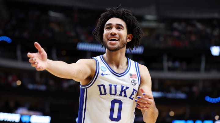 Mar 31, 2024; Dallas, TX, USA; Duke Blue Devils guard Jared McCain (0) reacts in the second half against the North Carolina State Wolfpack in the finals of the South Regional of the 2024 NCAA Tournament at American Airline Center. Mandatory Credit: Tim Heitman-USA TODAY Sports