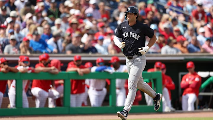 Mar 4, 2025; Clearwater, Florida, USA; New York Yankees outfielder Spencer Jones (78) runs the bases after hitting a three-run home run against the Philadelphia Phillies in the third inning during spring training at BayCare Ballpark. Mandatory Credit: Nathan Ray Seebeck-Imagn Images Mar 4, 2025; Clearwater, Florida, USA; New York Yankees outfielder Spencer Jones (78) runs the bases after hitting a three-run home run against the Philadelphia Phillies in the third inning during spring training at BayCare Ballpark. Mandatory Credit: Nathan Ray Seebeck-Imagn Images