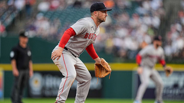 Boston Red Sox third baseman Alex Bregman (2) looks on during the fourh inning against Detroit Tigers at Comerica Park in Detroit on Wednesday, May 14, 2025.