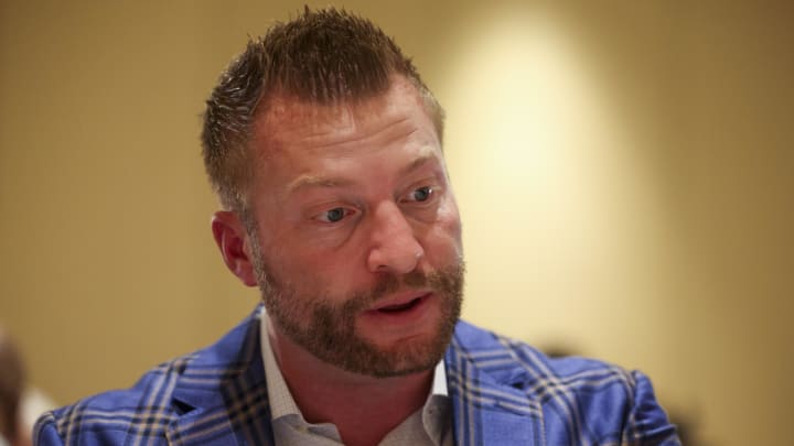 Mar 26, 2024; Orlando, FL, USA; Los Angeles Rams head coach Sean McVay speaks to the media during the NFL annual league meetings at the JW Marriott. Mandatory Credit: Nathan Ray Seebeck-USA TODAY Sports Mar 26, 2024; Orlando, FL, USA; Los Angeles Rams head coach Sean McVay speaks to the media during the NFL annual league meetings at the JW Marriott. Mandatory Credit: Nathan Ray Seebeck-USA TODAY Sports