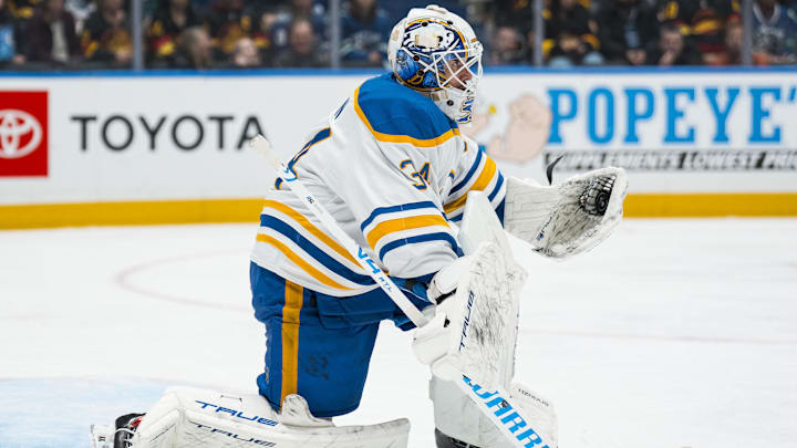 Dec 11, 2025; Vancouver, British Columbia, CAN; Buffalo Sabres goalie Alex Lyon (34) makes a save against the Vancouver Canucks in the third period at Rogers Arena. Mandatory Credit: Bob Frid-Imagn Images Dec 11, 2025; Vancouver, British Columbia, CAN; Buffalo Sabres goalie Alex Lyon (34) makes a save against the Vancouver Canucks in the third period at Rogers Arena. Mandatory Credit: Bob Frid-Imagn Images