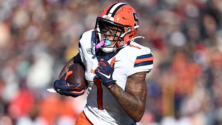 Nov 9, 2024; Chestnut Hill, Massachusetts, USA; Syracuse Orange running back LeQuint Allen (1) runs for a touchdown against the Boston College Eagles during the first half at Alumni Stadium. 