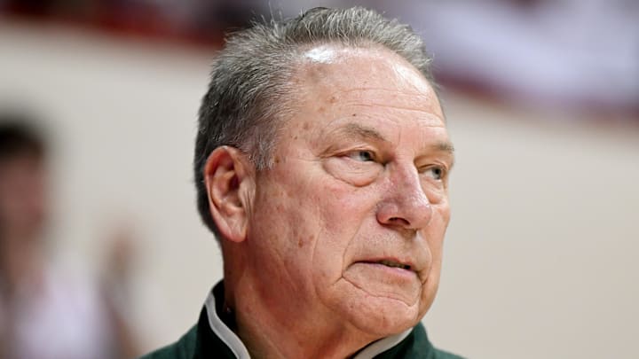 Mar 1, 2026; Bloomington, Indiana, USA; Michigan State Spartans head coach Tom Izzo looks on against the Indiana Hoosiers during the second half at Simon Skjodt Assembly Hall. Mandatory Credit: Robert Goddin-Imagn Images