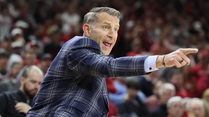 Feb 8, 2025; Fayetteville, Arkansas, USA; Alabama Crimson Tide head coach Nate Oats during the first half against the Arkansas Razorbacks at Bud Walton Arena. Mandatory Credit: Nelson Chenault-Imagn Images