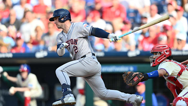 Aug 28, 2024; Philadelphia, Pennsylvania, USA; Houston Astros infielder Alex Bregman (2) hits a single against the Philadelphia Phillies in the third inning at Citizens Bank Park. Mandatory Credit: Kyle Ross-Imagn Images Aug 28, 2024; Philadelphia, Pennsylvania, USA; Houston Astros infielder Alex Bregman (2) hits a single against the Philadelphia Phillies in the third inning at Citizens Bank Park. Mandatory Credit: Kyle Ross-Imagn Images