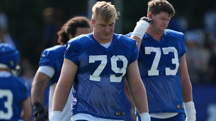 Indianapolis Colts offensive tackle Bernhard Raimann (79) walks onto the field during the first day of the Indianapolis Colts’ training camp Thursday, July 25, 2024, at Grand Park Sports Complex in Westfield.