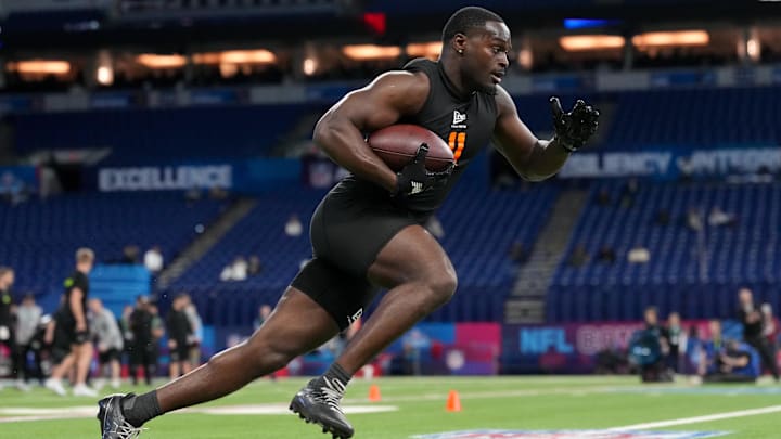 Feb 28, 2026; Indianapolis, IN, USA; Notre Dame running back Jeremiyah Love (RB11) during the NFL Scouting Combine at Lucas Oil Stadium. Mandatory Credit: Kirby Lee-Imagn Images