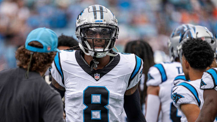 Oct 5, 2025; Charlotte, North Carolina, USA; Carolina Panthers cornerback Jaycee Horn (8) during player introductions at Bank of America Stadium. Mandatory Credit: Bob Donnan-Imagn Images