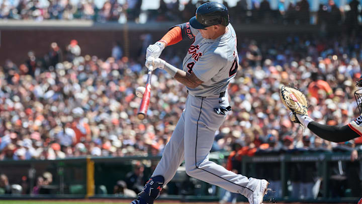 Aug 10, 2024; San Francisco, California, USA; Detroit Tigers infielder Bligh Madris (40) bats against the San Francisco Giants during the sixth inning at Oracle Park. Mandatory Credit: Robert Edwards-Imagn Images