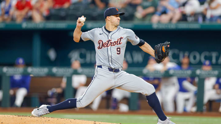 Jun 4, 2024; Arlington, Texas, USA; Detroit Tigers pitcher Jack Flaherty (9) throws during the first inning against the Texas Rangers at Globe Life Field. Mandatory Credit: Andrew Dieb-USA TODAY Sports Jun 4, 2024; Arlington, Texas, USA; Detroit Tigers pitcher Jack Flaherty (9) throws during the first inning against the Texas Rangers at Globe Life Field. Mandatory Credit: Andrew Dieb-USA TODAY Sports