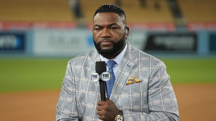 Oct 26, 2024; Los Angeles, California, USA; Fox Sports broadcaster David Ortiz speaks on field after game two between the Los Angeles Dodgers and the New York Yankees in the 2024 MLB World Series at Dodger Stadium. Mandatory Credit: Kirby Lee-Imagn Images Oct 26, 2024; Los Angeles, California, USA; Fox Sports broadcaster David Ortiz speaks on field after game two between the Los Angeles Dodgers and the New York Yankees in the 2024 MLB World Series at Dodger Stadium. Mandatory Credit: Kirby Lee-Imagn Images