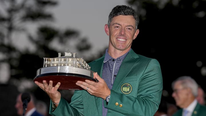 Rory McIlroy holds the Masters championship trophy
