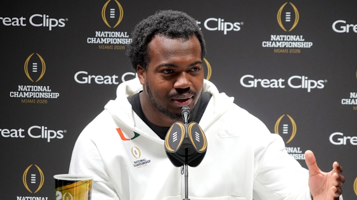 Miami Hurricanes defensive lineman Rueben Bain Jr. during media day for the 2025 College Football Playoff National Championship 