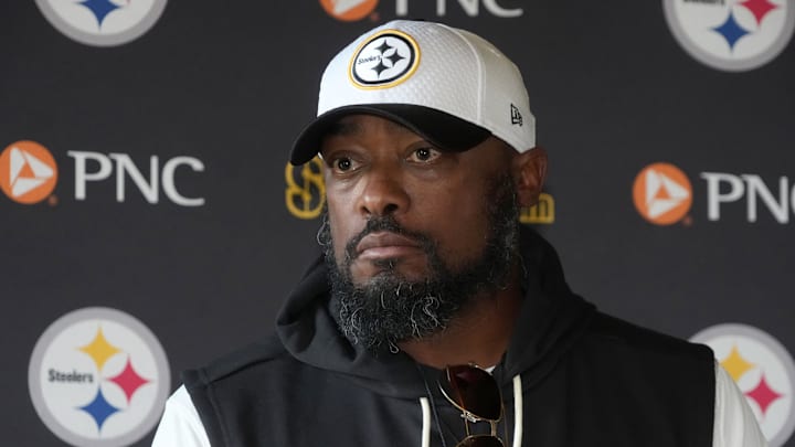Sep 26, 2025; Maynooth, Ireland; Pittsburgh Steelers coach Mike Tomlin at press conference at Carton House. Mandatory Credit: Kirby Lee-Imagn Images