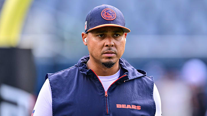 Aug 17, 2024; Chicago, Illinois, USA; Chicago Bears general manager Ryan Poles looks on before the game against the Cincinnati Bengals at Soldier Field. Mandatory Credit: Daniel Bartel-Imagn Images