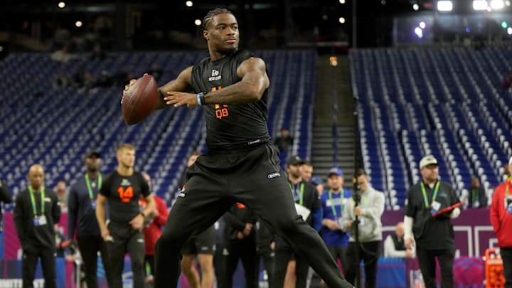 Mar 1, 2025; Indianapolis, IN, USA; Alabama quarterback Jalen Milroe (QB11) during the 2025 NFL Combine at Lucas Oil Stadium. Mandatory Credit: Kirby Lee-Imagn Images