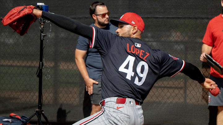 Minnesota Twins pitcher Pablo Lopez pitching during spring training on Feb 13, 2025, in Lee County, Fla.