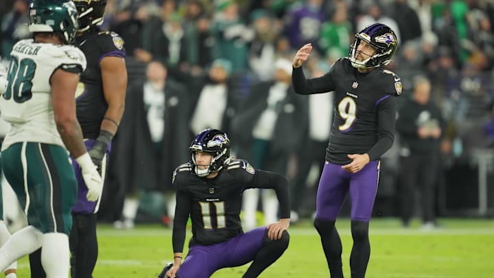 Dec 1, 2024; Baltimore, Maryland, USA; Baltimore Ravens kicker Justin Tucker (9) watches his failed third quarter field goal attempt against the Philadelphia Eagles at M&T Bank Stadium. Mandatory Credit: Mitch Stringer-Imagn Images Dec 1, 2024; Baltimore, Maryland, USA; Baltimore Ravens kicker Justin Tucker (9) watches his failed third quarter field goal attempt against the Philadelphia Eagles at M&T Bank Stadium. Mandatory Credit: Mitch Stringer-Imagn Images