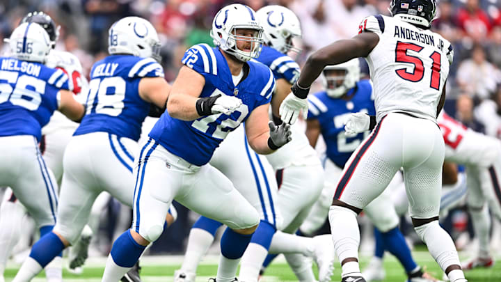 Sep 17, 2023; Houston, Texas, USA; Indianapolis Colts offensive tackle Braden Smith (72) in action during the first half against the Houston Texans at NRG Stadium. Mandatory Credit: Maria Lysaker-Imagn Images