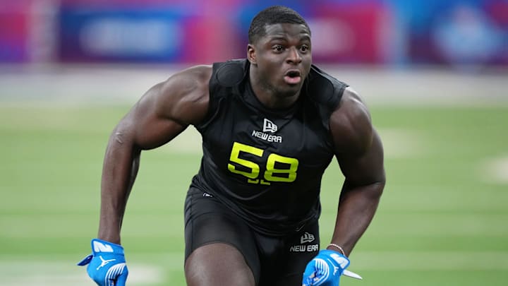 Feb 27, 2025; Indianapolis, IN, USA; UCLA defensive lineman Oluwafemi Oladejo (DL58) participates in drills during the 2025 NFL Combine at Lucas Oil Stadium. Mandatory Credit: Kirby Lee-Imagn Images Feb 27, 2025; Indianapolis, IN, USA; UCLA defensive lineman Oluwafemi Oladejo (DL58) participates in drills during the 2025 NFL Combine at Lucas Oil Stadium. Mandatory Credit: Kirby Lee-Imagn Images
