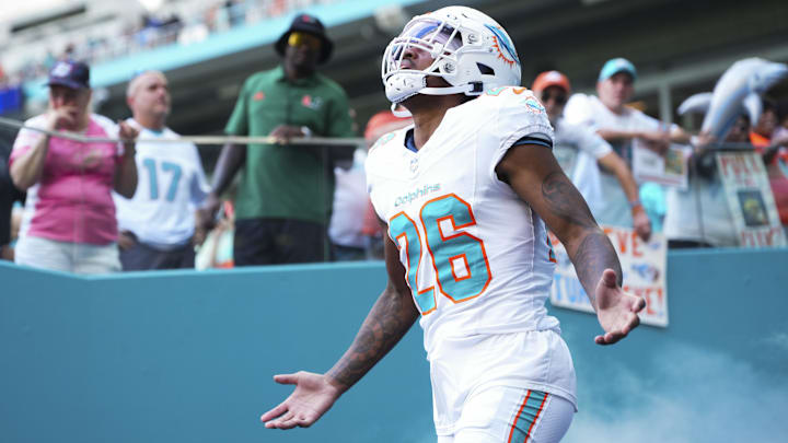 Miami Dolphins cornerback Rasul Douglas (26) enters the field prior to a game against the Los Angeles Chargers at Hard Rock Stadium. 