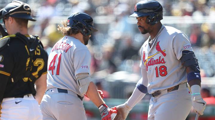 Sep 24, 2026; Pittsburgh, Pennsylvania, USA;  St. Louis Cardinals right fielder Jordan Walker (18) greets first baseman Alec Burleson (41) crossing home plate on a solo home run against the Pittsburgh Pirates during the first inning at PNC Park.  Mandatory Credit: Charles LeClaire-Imagn Images