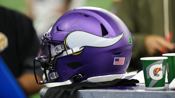 Nov 2, 2025; Detroit, Michigan, USA; A general view of a Minnesota Vikings helmet on the sidelines during the third quarter against the Detroit Lions at Ford Field. Mandatory Credit: David Reginek-Imagn Images Nov 2, 2025; Detroit, Michigan, USA; A general view of a Minnesota Vikings helmet on the sidelines during the third quarter against the Detroit Lions at Ford Field. Mandatory Credit: David Reginek-Imagn Images