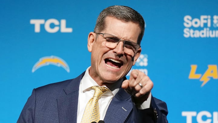 Feb 1, 2024; Inglewood, CA, USA; Los Angeles Chargers coach Jim Harbaugh speaks at an introductory