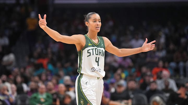 Jul 16, 2024; Los Angeles, California, USA; Seattle Storm guard Skylar Diggins-Smith (4) reacts in the second half against the LA Sparks at Crypto.com Arena. Mandatory Credit: Kirby Lee-Imagn Images