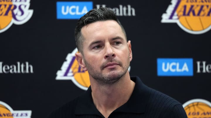 Sep 25, 2024; El Segundo, CA, USA; Los Angeles Lakers coach JJ Redick at press conference at UCLA Health Training Center. Mandatory Credit: Kirby Lee-Imagn Images