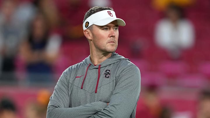 Sep 17, 2022; Los Angeles, California, USA; Southern California Trojans head coach Lincoln Riley reacts before the game against the Fresno State Bulldogs at United Airlines Field at Los Angeles Memorial Coliseum. Mandatory Credit: Kirby Lee-Imagn Images