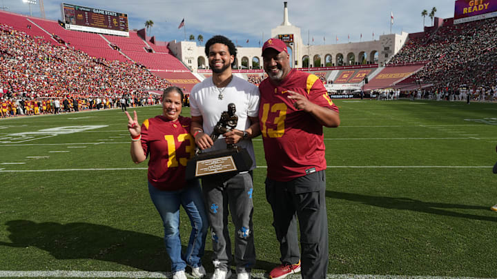 While Caleb Williams' team had the weekend off, he was in Los Angeles Saturday with family to have his USC jersey number retired.
