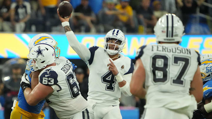 Dallas Cowboys quarterback Dak Prescott throws the ball against the Los Angeles Chargers in the second half at SoFi Stadium. Dallas Cowboys quarterback Dak Prescott throws the ball against the Los Angeles Chargers in the second half at SoFi Stadium.