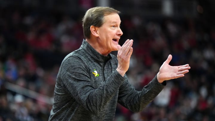 Mar 15, 2024; Las Vegas, NV, USA; Oregon Ducks head coach Dana Altman reacts in the first half against the Arizona Wildcats at T-Mobile Arena. Mandatory Credit: Kirby Lee-USA TODAY Sports