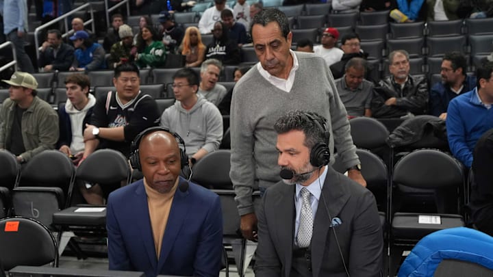 Jan 16, 2024; Los Angeles, California, USA; TNT analyst Greg Anthony (left) and play-by-play announcer Spero Dedes (right) with Ventura County deputy attorney general David Glassman (center) during the game between the Oklahoma City Thunder and LA Clippers at Crypto.com Arena.