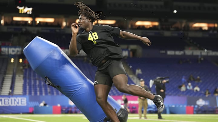 Feb 26, 2026; Indianapolis, IN, USA; UCF defensive lineman Malachi Lawrence (DL48) during the NFL Scouting Combine  at Lucas Oil Stadium. 