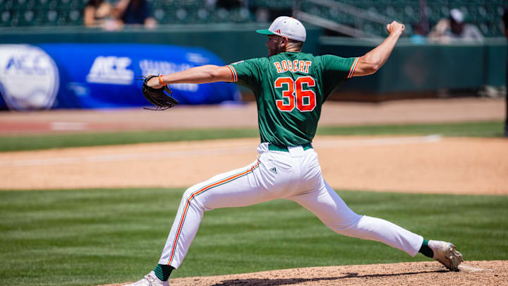 May 23, 2024; Charlotte, NC, USA; Miami (Fl) Hurricanes pitcher Nick Robert (36) comes in as relief in the seventh inning against the Clemson Tigers during the ACC Baseball Tournament at Truist Field. Mandatory Credit: Scott Kinser-Imagn Images